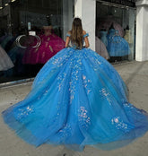 Off-Shoulder Beaded Lace Ball Gown Blue Tulle Quinceanera Dress for Sweet 16 & Evening Galas